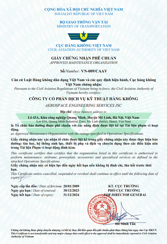 CAAV Maintenance Organisation Approval Certificate